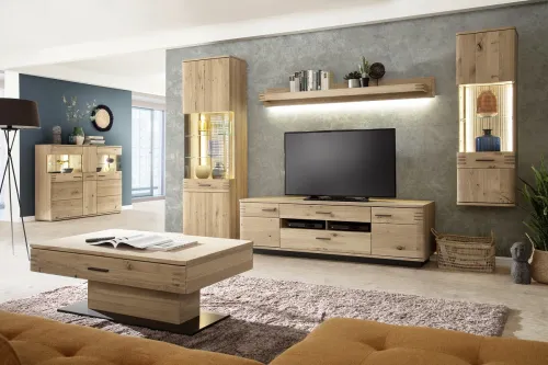 Wohnwand Anbauwand Salvador | Balkeneiche Bianco | 4-teilig | LED Beleuchtung