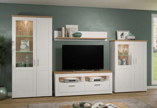 Wohnwand Anbauwand Shade | Andersen Pinie weiß / Artisan Eiche | Landhausstil | 4-teilig