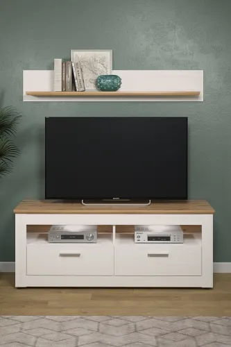 Wohnwand Anbauwand Shade | Andersen Pinie weiß / Artisan Eiche | Landhausstil | 4-teilig | LED Beleuchtung