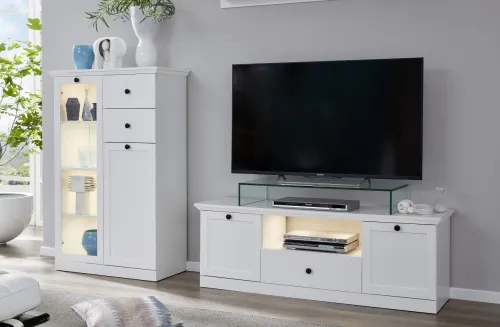 Wohnwand Baxter | weiß | Landhausstil | 2-teilig | LED Beleuchtung