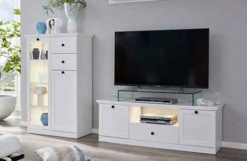 Wohnwand Baxter | weiß | Landhausstil | 2-teilig | LED Beleuchtung