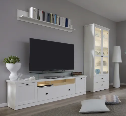 Wohnwand Baxter | weiß | Landhausstil | 3-teilig | LED Beleuchtung