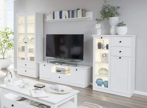 Wohnwand Baxter | weiß | Landhausstil | 4-teilig | LED Beleuchtung 2