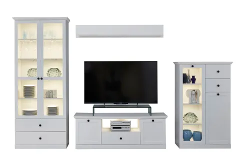 Wohnwand Baxter | weiß | Landhausstil | 4-teilig | LED Beleuchtung