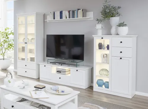 Wohnwand Baxter | weiß | Landhausstil | 4-teilig | LED Beleuchtung