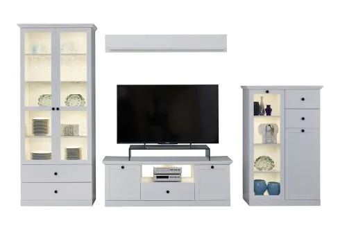 Wohnwand Baxter, 4-teilig, weiß, im Wohnzimmer, Möbelgruppe mit Vitrinenschrank, TV-Board, Highboard und Wandregal – Ansicht 7