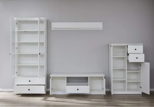 Wohnwand Baxter | weiß | Landhausstil | 4-teilig | LED Beleuchtung 5