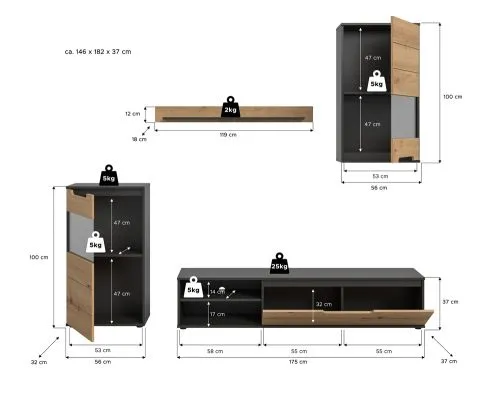 Wohnwand Cajak | Artisan / Basalt grau | 4-teilig