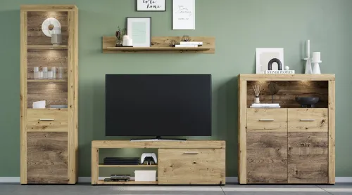 Wohnwand Fly | Artisan Eiche | 4-teilig | LED Beleuchtung Vitrine ohne Beleuchtung TV-Lowboard ohne Beleuchtung Highboard mit 2er Set LED Unterbausspots