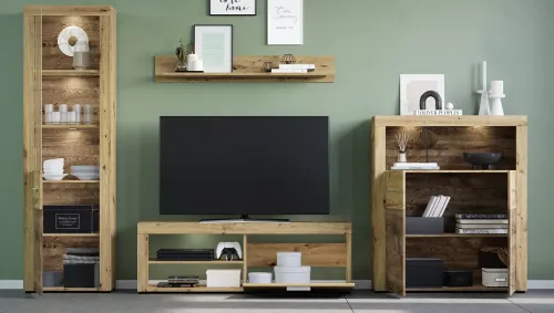 Wohnwand Fly | Artisan Eiche | 4-teilig | LED Beleuchtung Vitrine ohne Beleuchtung TV-Lowboard ohne Beleuchtung Highboard mit 2er Set LED Unterbausspots