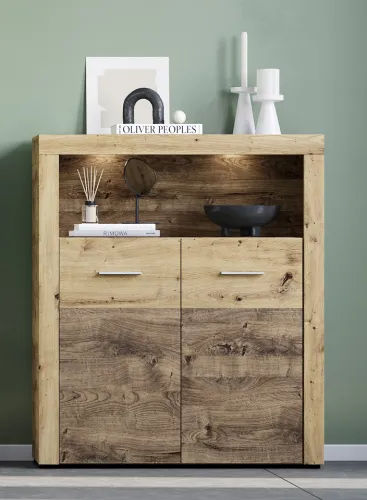 Wohnwand Fly | Artisan Eiche | 4-teilig | LED Beleuchtung Vitrine ohne Beleuchtung TV-Lowboard ohne Beleuchtung Highboard mit 2er Set LED Unterbausspots