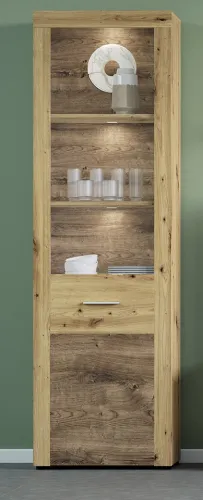 Wohnwand Fly | Artisan Eiche | 4-teilig | LED Beleuchtung Vitrine ohne Beleuchtung TV-Lowboard ohne Beleuchtung Highboard mit 2er Set LED Unterbausspots