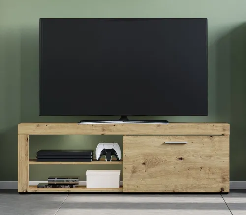 Wohnwand Fly | Artisan Eiche | 4-teilig | LED Beleuchtung Vitrine ohne Beleuchtung TV-Lowboard ohne Beleuchtung Highboard mit 2er Set LED Unterbausspots