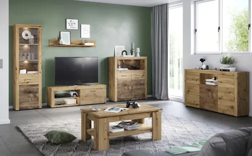 Wohnwand Fly | Artisan Eiche | 4-teilig | LED Beleuchtung Vitrine ohne Beleuchtung TV-Lowboard ohne Beleuchtung Highboard mit 2er Set LED Unterbausspots