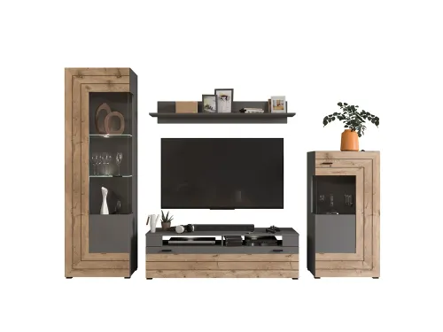 Wohnwand Freno | grau matt / Nox Oak | 4-teilig | LED Beleuchtung