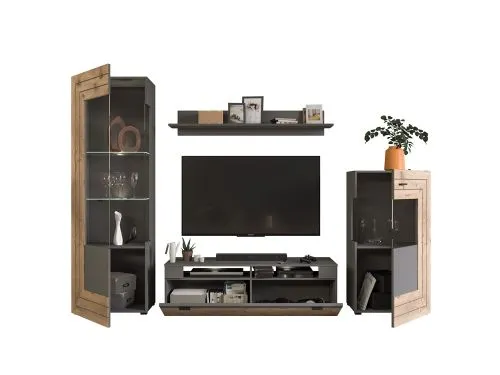 Wohnwand Freno | grau matt / Nox Oak | 4-teilig | LED Beleuchtung 3