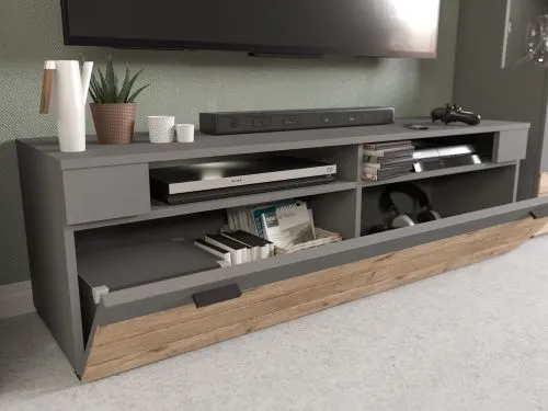 Wohnwand Freno | grau matt / Nox Oak | 4-teilig | LED Beleuchtung 4