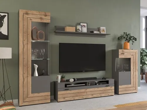 Wohnwand Freno | grau matt / Nox Oak | 4-teilig | LED Beleuchtung 5