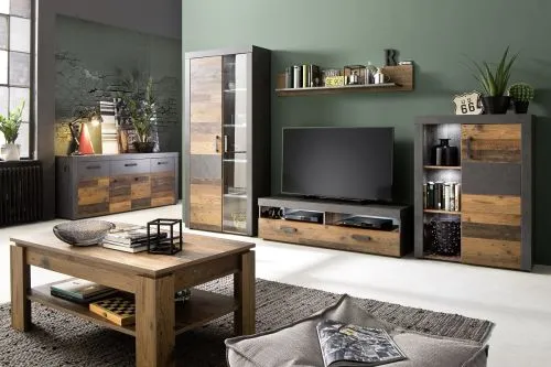 Wohnwand Indy | Old Used Wood / Matera grau | 4-teilig | Shabby Look | LED Beleuchtung 2