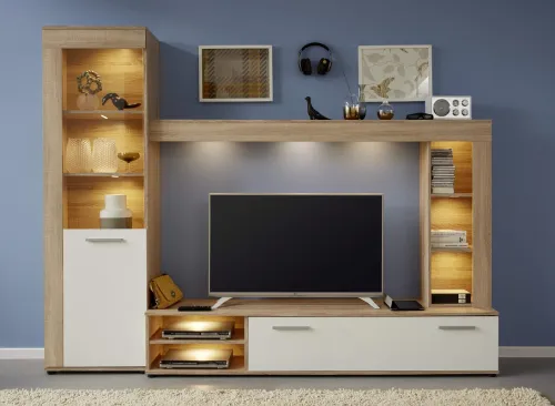 Wohnwand Logo | weiß / Eiche sägerau | 3-teilig