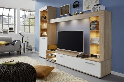 Wohnwand Logo, 3-teilig, im Wohnzimmer, mit offenen Fächern, geschlossenen Schränken und Nischen für TV-Geräte – Ansicht 2