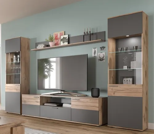 Wohnwand Mason 1 | Nox Oak / Basalt Grau | 4-teilig LED Beleuchtung