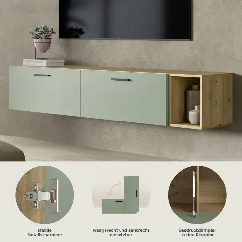 Wohnwand The One | 3-teilig | Artisan Oak / Smoke Green mit 2er Set Unterbauspot warmweiß