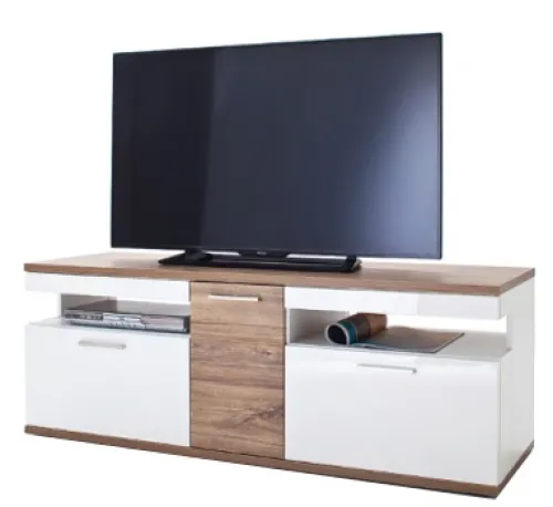 Wohnwand Wohnkombination 1 Luzern | weiß Hochglanz / Sterling Oak | 4-teilig | LED Beleuchtung