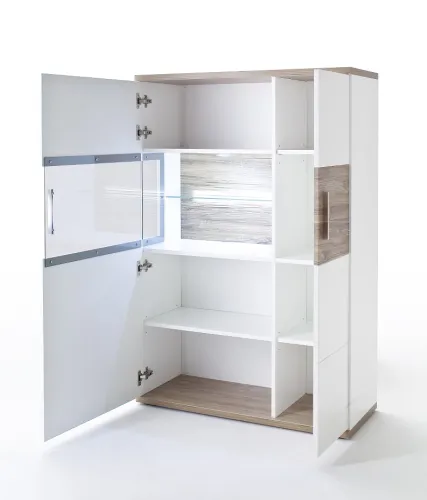 Wohnwand Wohnkombination 1 Luzern | weiß Hochglanz / Sterling Oak | 4-teilig | LED Beleuchtung