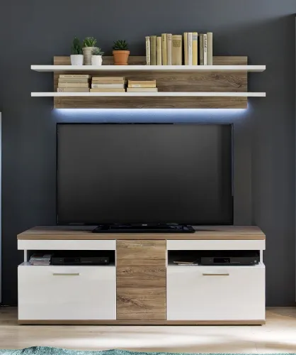 Wohnwand Wohnkombination 1 Luzern | weiß Hochglanz / Sterling Oak | 4-teilig | LED Beleuchtung