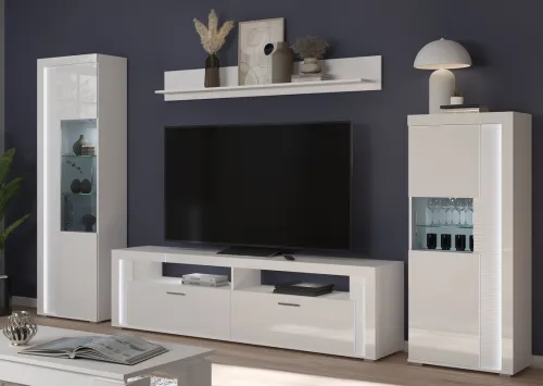 Wohnwand Wohnkombination 1 Skylight | weiß Hochglanz | 4-teilig | LED Beleuchtung