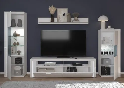 Wohnwand Wohnkombination 1 Skylight, 4-teilig, im Wohnzimmer mit TV-Lowboard, Wandregal, Hochschränken mit Glasablagen – Ansicht 2