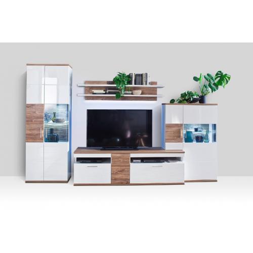 Wohnwand Wohnkombination 2 Luzern | weiß Hochglanz / Sterling Oak | 4-teilig | LED Beleuchtung