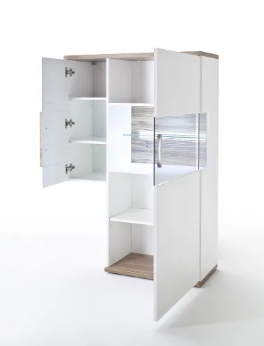 Wohnwand Wohnkombination 2 Luzern | weiß Hochglanz / Sterling Oak | 4-teilig | LED Beleuchtung