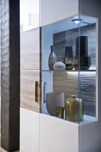 Wohnwand Wohnkombination 2 Luzern | weiß Hochglanz / Sterling Oak | 4-teilig | LED Beleuchtung