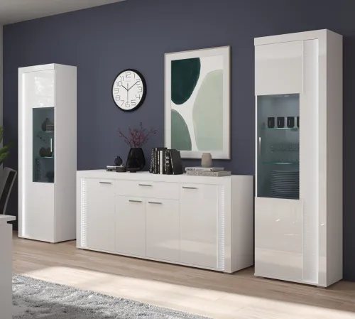 Wohnwand Wohnkombination 4 Skylight | weiß Hochglanz | 3-teilig | LED Beleuchtung