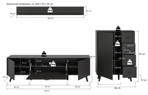 Wohnwand Wohnkombination Linea 2 | 3-teilig | grau