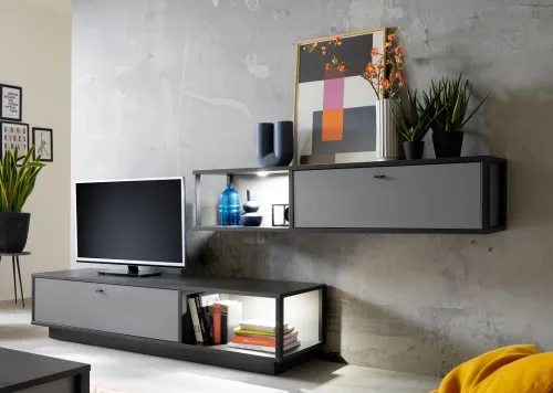 Wohnwand Wohnkombination Luxor | Royal Grey / anthrazit | 2-teilig | LED Beleuchtung