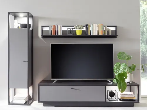 Wohnwand Wohnkombination Luxor | Royal grey / anthrazit | 3-teilig | LED Beleuchtung