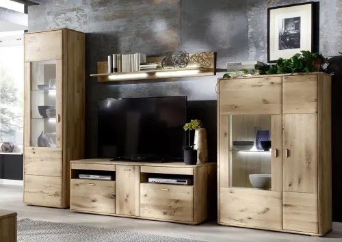 Wohnwand Wohnkombination Ravello | Balkeneiche Bianco | 4-teilig | LED Beleuchtung