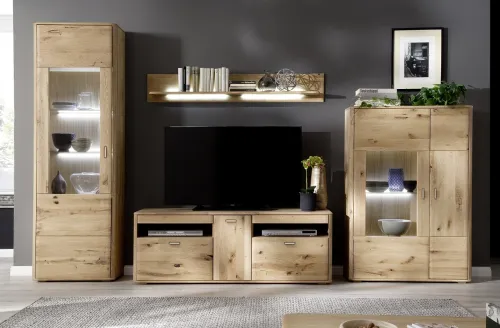 Wohnwand Wohnkombination Ravello | Balkeneiche Bianco | 4-teilig | LED Beleuchtung