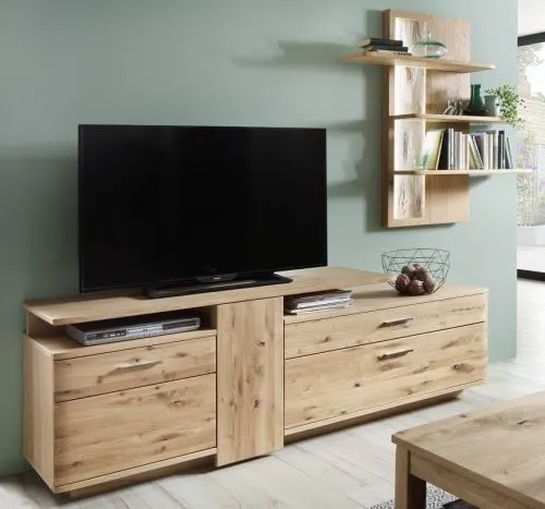 Wohnwand Wohnkombination Santori | Eiche Bianco | 2-teilig | LED Beleuchtung Wandregal mit 2er Set LED Bandbeleuchtung