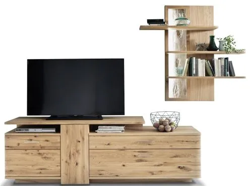 Wohnwand Wohnkombination Santori | Eiche Bianco | 2-teilig | LED Beleuchtung Wandregal mit 2er Set LED Bandbeleuchtung