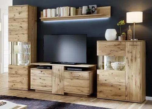 Wohnwand Wohnkombination Santori | Eiche Bianco | 4-teilig | LED Beleuchtung