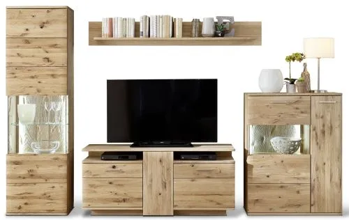 Wohnwand Wohnkombination Santori | Eiche Bianco | 4-teilig | LED Beleuchtung