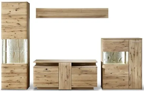 Wohnwand Wohnkombination Santori | Eiche Bianco | 4-teilig | LED Beleuchtung